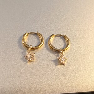 Dazzling CZ Star Hoop earrings, Gold - 12mm - - LadybugfeetDesigns -