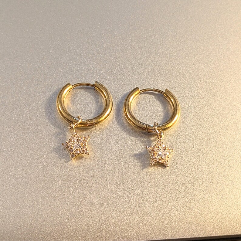 Dazzling CZ Star Hoop earrings, Gold - 12mm - - LadybugfeetDesigns -