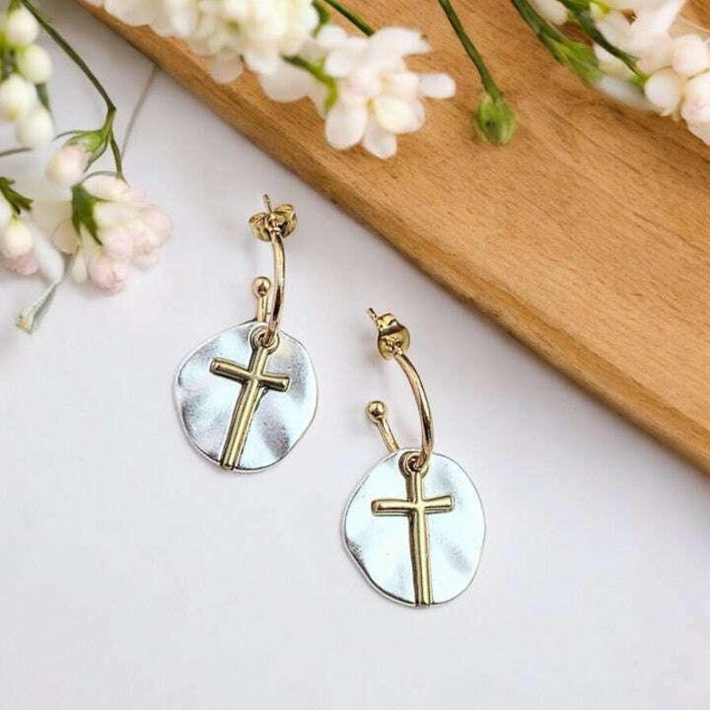 Cross Two-Tone Dangle Earrings - - LadybugfeetDesigns -