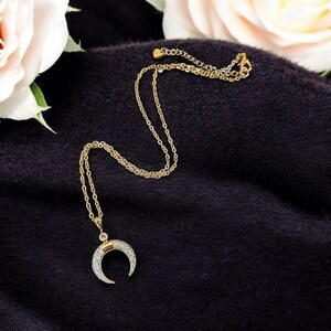 Downward Crescent Moon Necklace, Crescent Horn Necklace, Gold - - LadybugfeetDesigns -