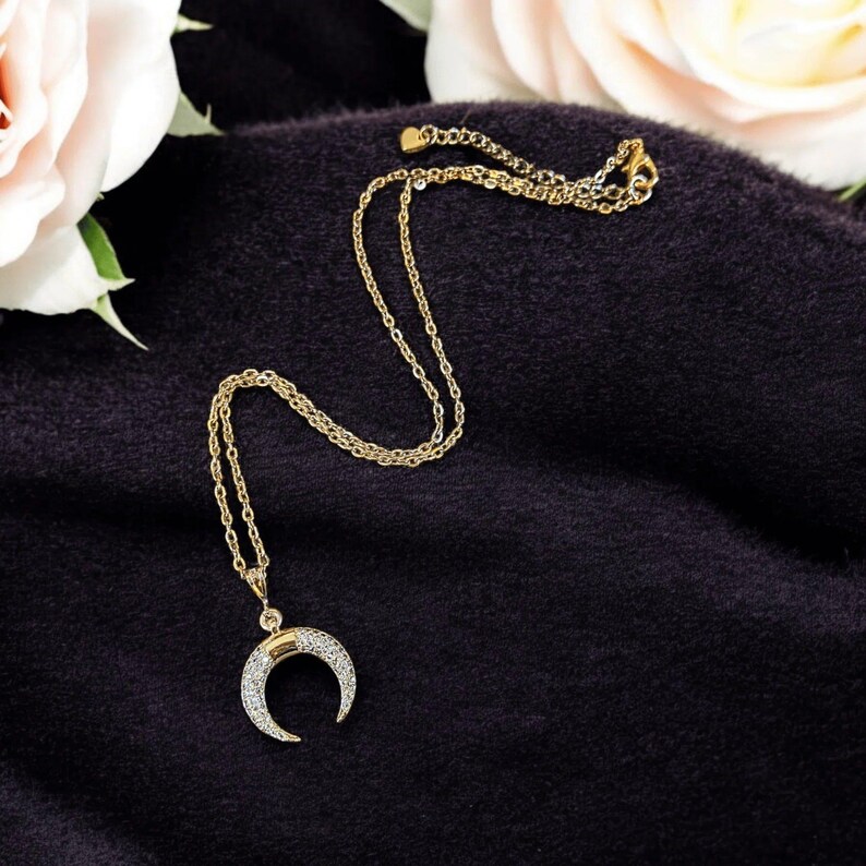 Downward Crescent Moon Necklace, Crescent Horn Necklace, Gold - - LadybugfeetDesigns -