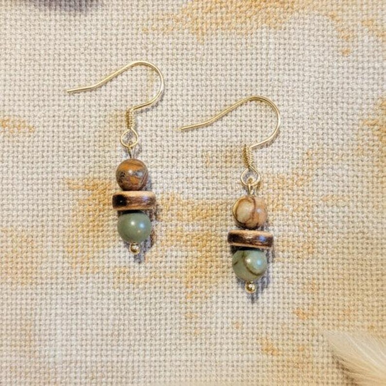 Red Creek Jasper Beaded Hook Earrings, Gold - - LadybugfeetDesigns -