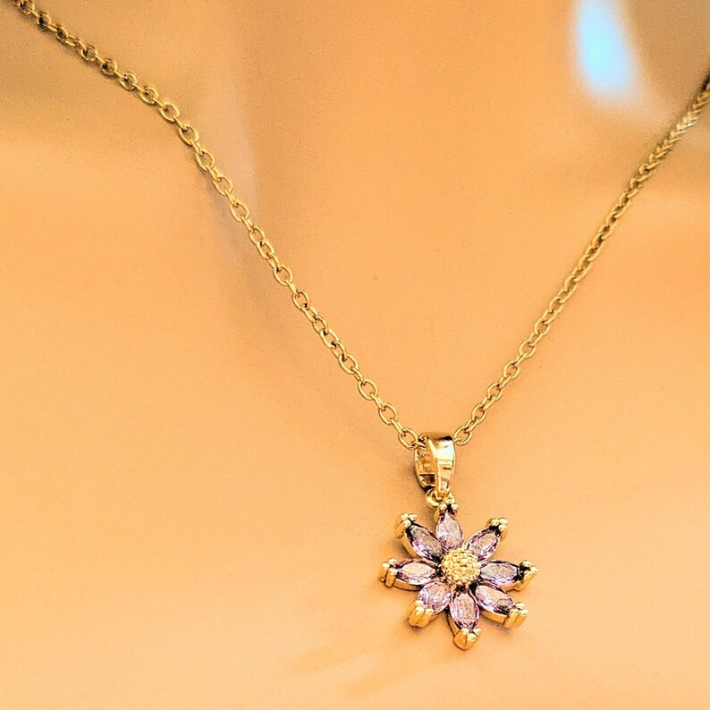 Purple CZ Flower necklace, Gold - 20 inch - - LadybugfeetDesigns -