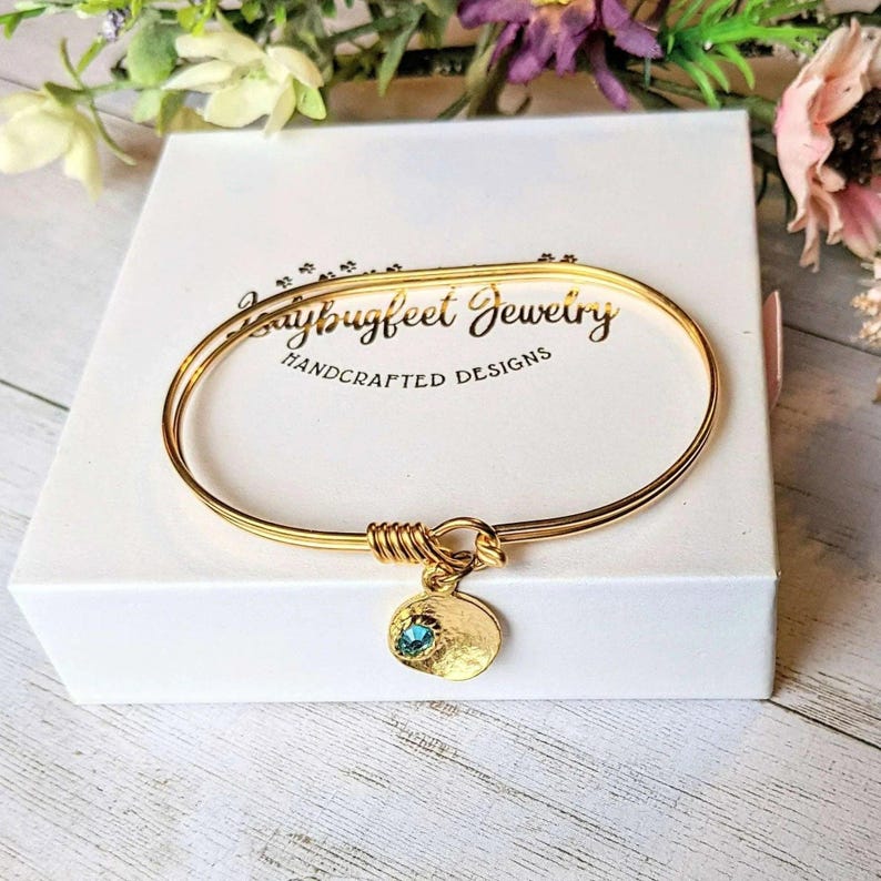 Gold Birthstone Cuff bangle, European Charm Bracelet - - LadybugfeetDesigns -
