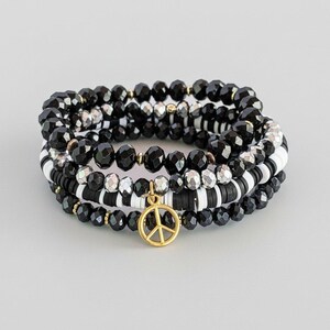 Black Crystal Peace Sign Stretch Bracelet Stack - - LadybugfeetDesigns -