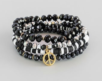 Black Crystal Peace Sign Stretch Bracelet Stack