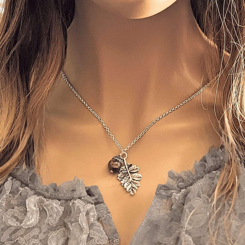 Acorn Oak Leaf Necklace, Silver - - LadybugfeetDesigns -