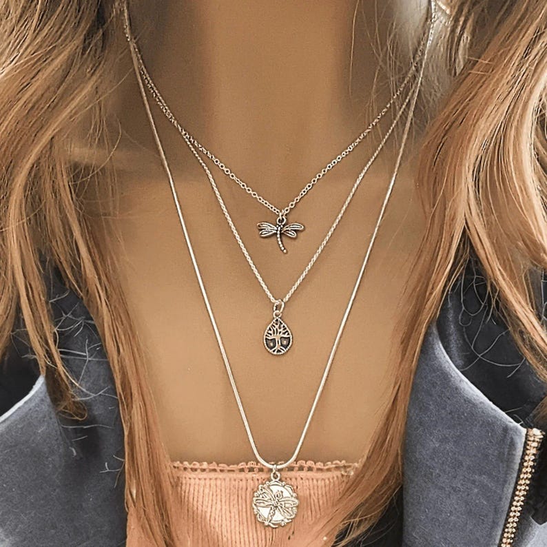 Dragonfly Layered Necklace Set, Silver - - LadybugfeetDesigns -