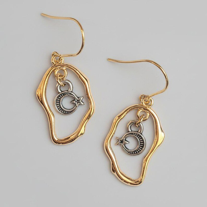 Crescent Moon Star dangle earrings, Two-Tone - - LadybugfeetDesigns -