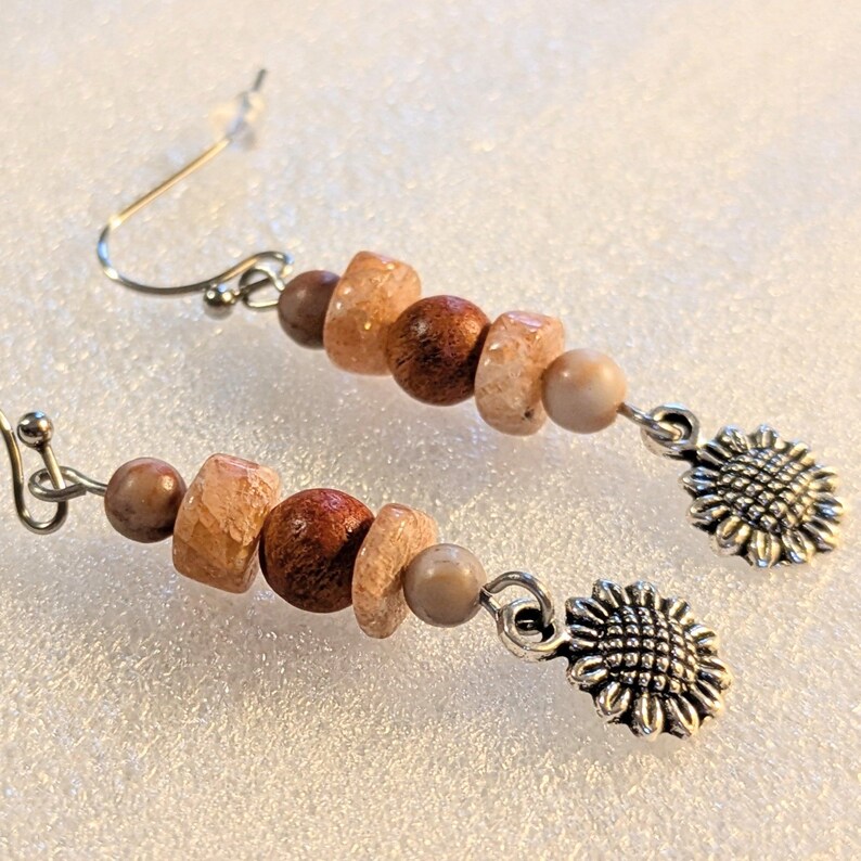 Sunflower Beaded Sunstone Hook Earrings, Silver - - LadybugfeetDesigns -