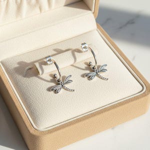 DRAGONFLY Sterling Hoop Earrings, Hoop Drop - - LadybugfeetDesigns -