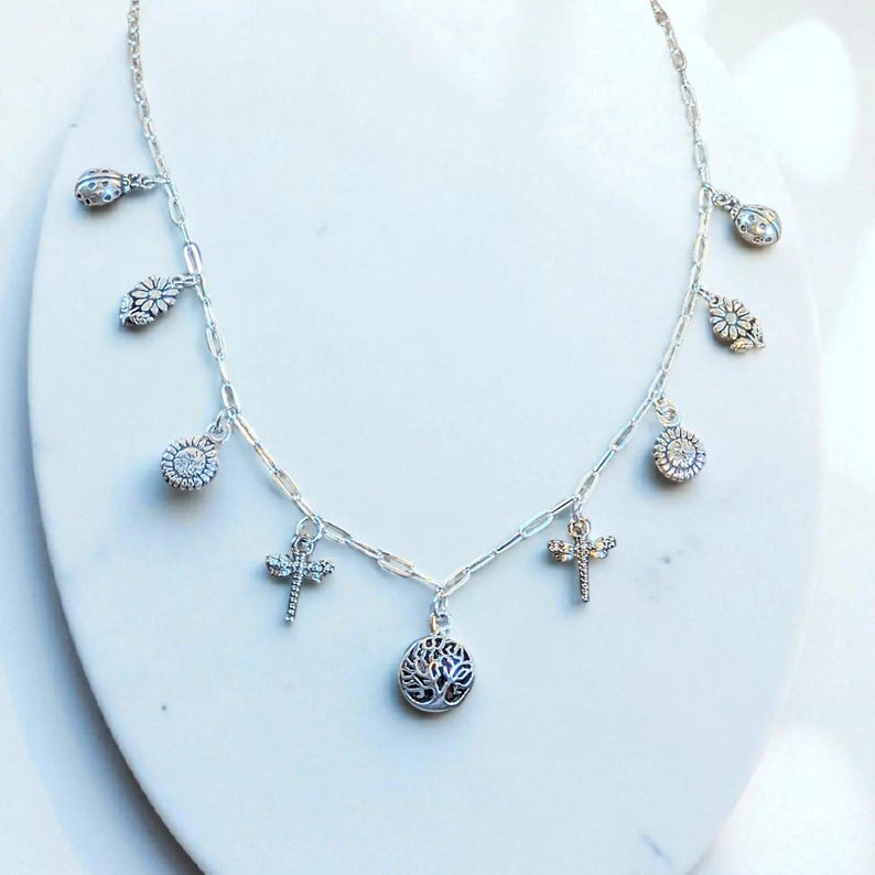 Nature Lover Multi Charm Link Necklace, .925 Sterling Silver - 20 inch - - LadybugfeetDesigns -