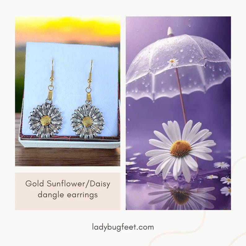 Sunflower/Daisy dangle earrings, Gold - - LadybugfeetDesigns -