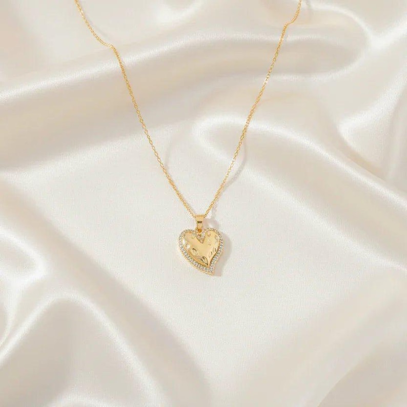 Textured Heart necklace, Gold - 20 inch - - LadybugfeetDesigns -