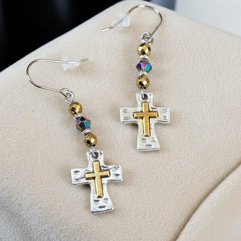Two-Tone Cross Beaded Earrings - - LadybugfeetDesigns -