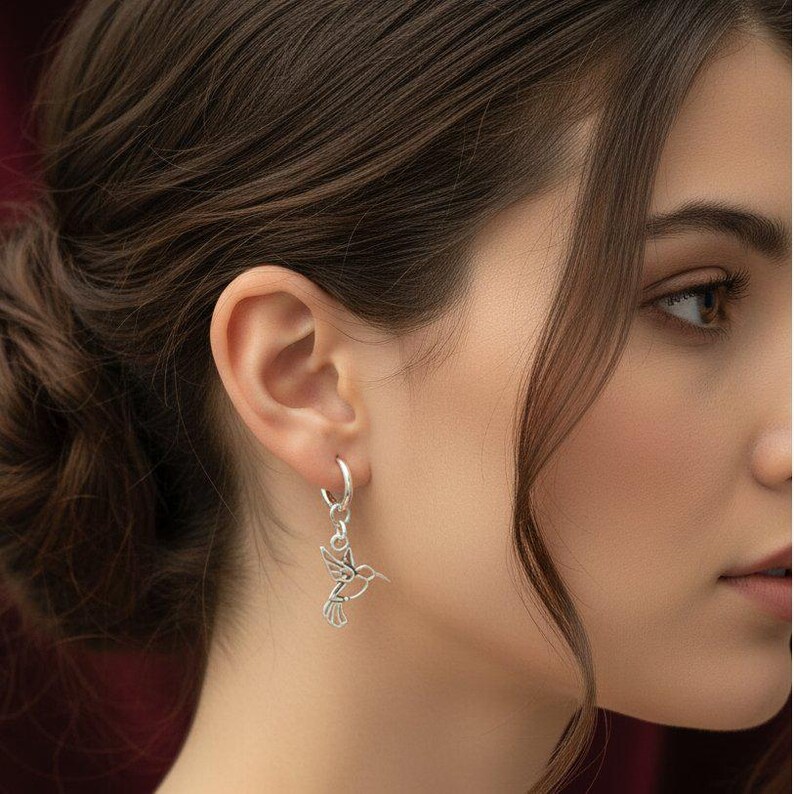 HUMMINGBIRD Hoop Earrings,Silver - 12mm - - LadybugfeetDesigns -