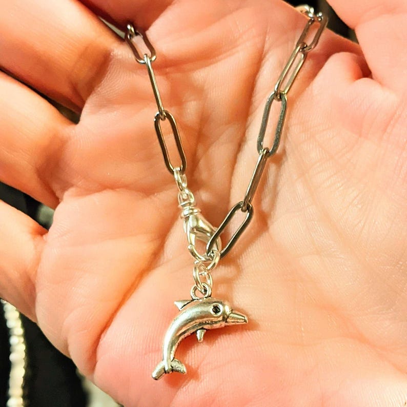 Dolphin Stainless Steel Paperclip Chain Bracelet, Silver - - LadybugfeetDesigns -