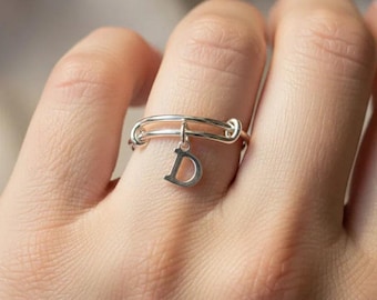 Sterling Silver Initial Charm Ring/Gift for her/Sterling Silver Mini Bangle