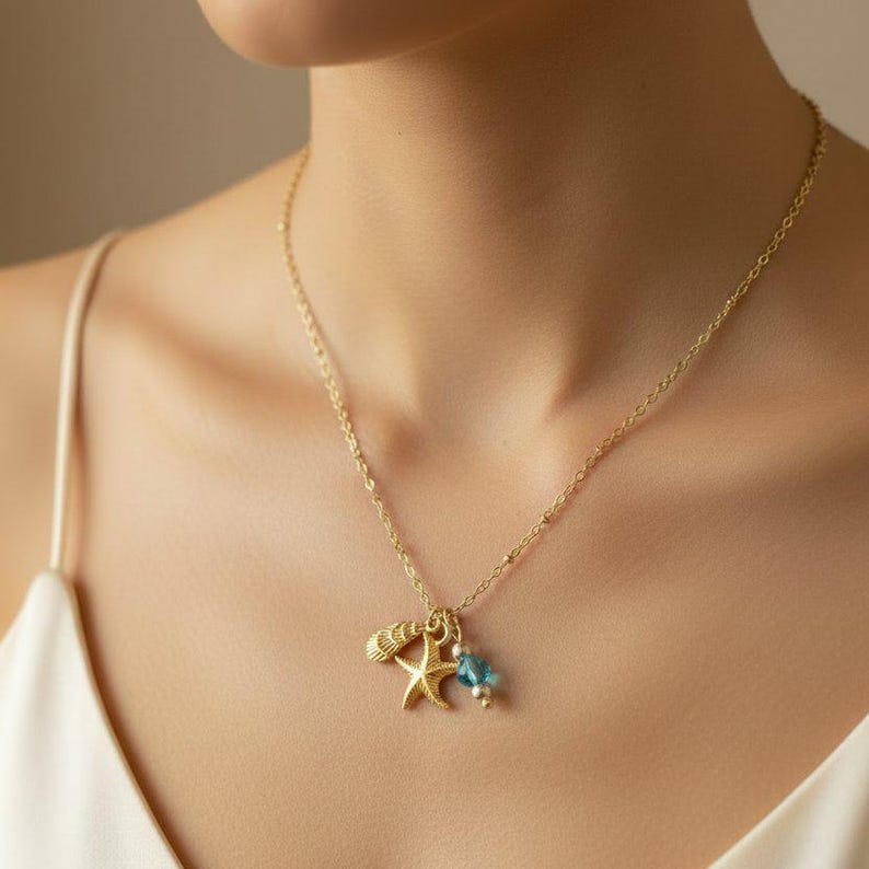 Starfish Seashell Crystal charm necklace and Earring set, Gold - - LadybugfeetDesigns -