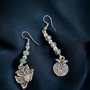 Mismatched Owl crystal hook earrings - - LadybugfeetDesigns -