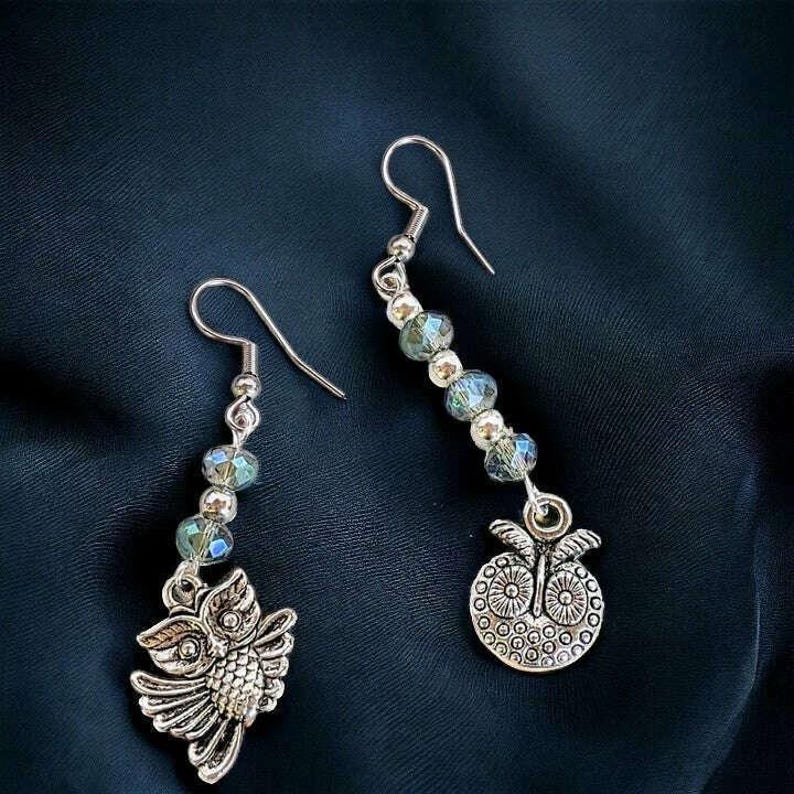 Mismatched Owl crystal hook earrings - - LadybugfeetDesigns -