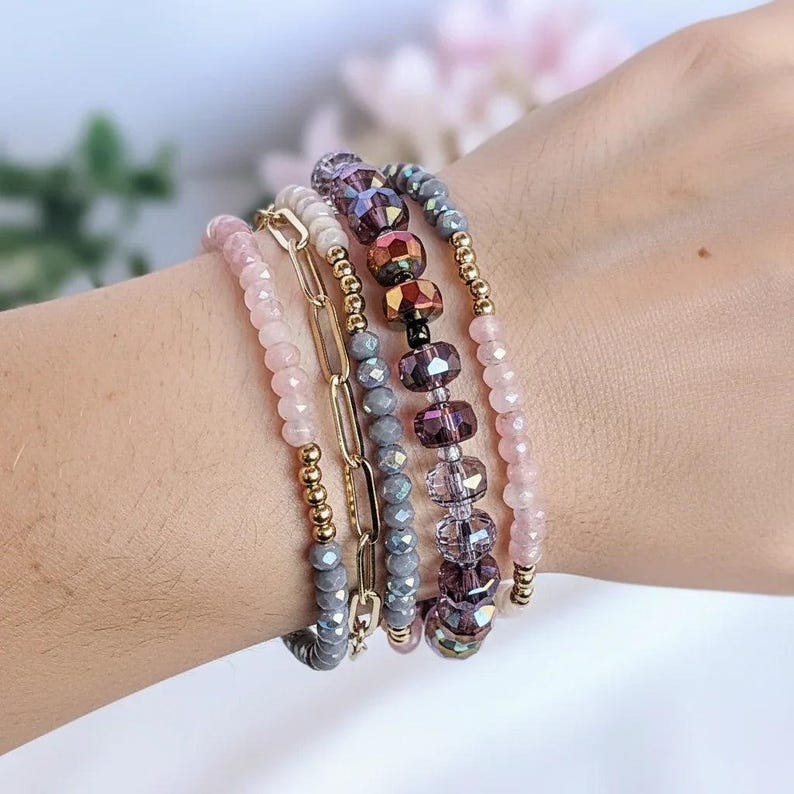 Pink Champagne Crystal Beaded Endless wrap bracelet - - LadybugfeetDesigns -