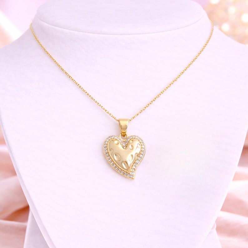 Textured Heart necklace, Gold - 20 inch - - LadybugfeetDesigns -