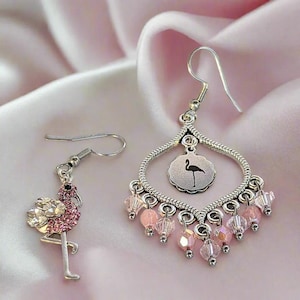 Mismatched Rhinestone Flamingo hook earrings - - LadybugfeetDesigns -