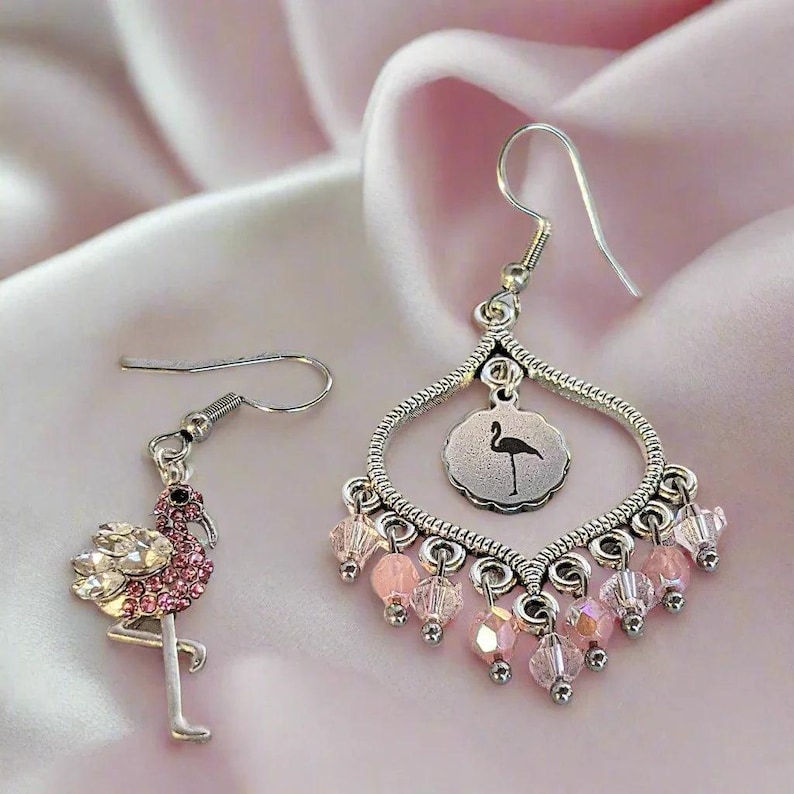 Mismatched Rhinestone Flamingo hook earrings - - LadybugfeetDesigns -