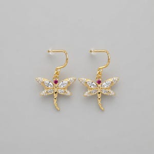 CZ Dragonfly dangle earrings, Gold - - LadybugfeetDesigns -
