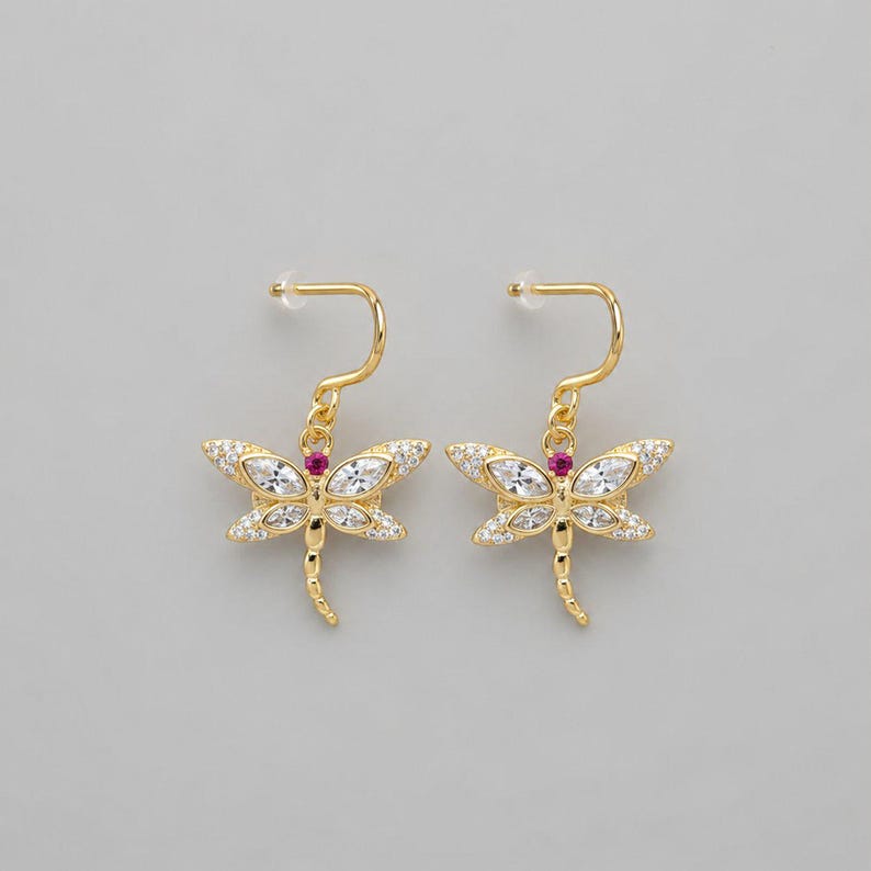 CZ Dragonfly dangle earrings, Gold - - LadybugfeetDesigns -