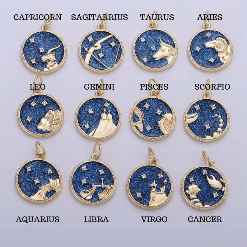 Blue Enamel Zodiac Pendant Necklace, Gold - 20 inches - - LadybugfeetDesigns -