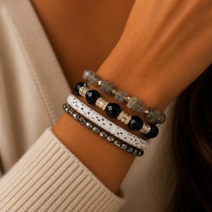 Salt and Pepper Stretch Bracelet Stack - - LadybugfeetDesigns -