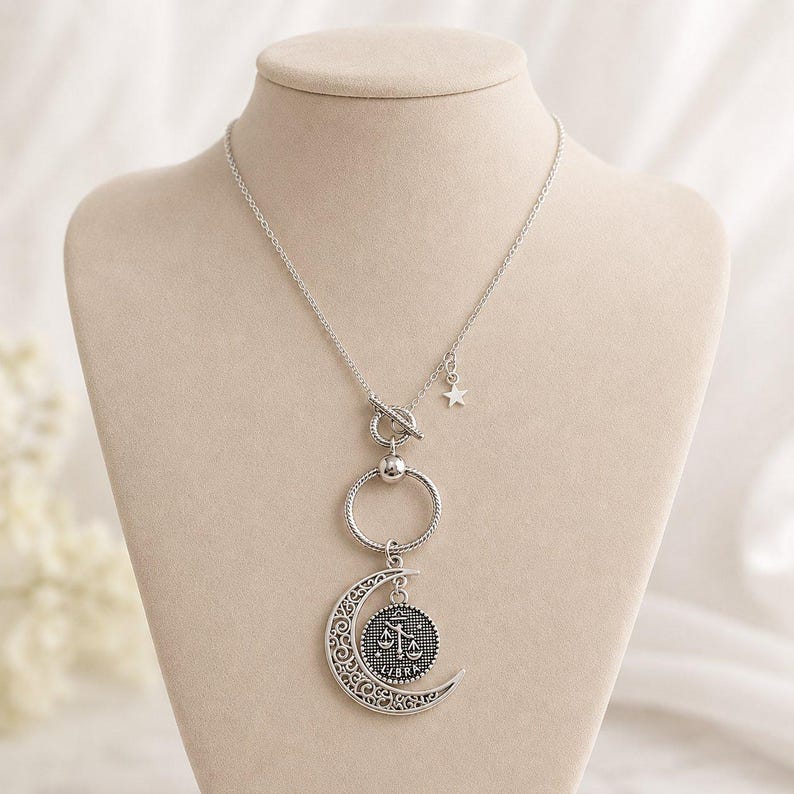 Crescent Moon Zodiac Sign Necklace, Silver - 20 inch - - LadybugfeetDesigns -