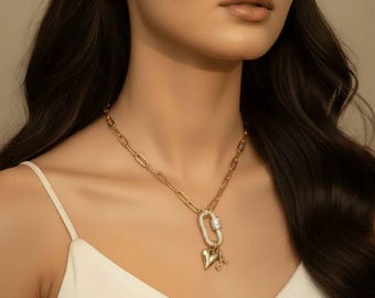 Gold Initial Heart Carabiner Necklace - Adjusts up to 20 inches