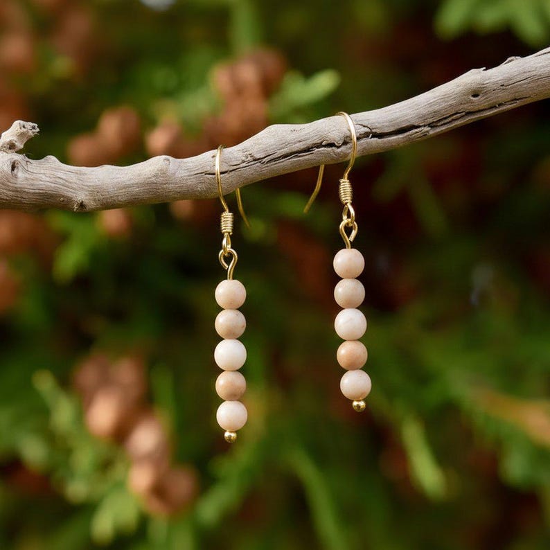 Pink Jasper Beaded Hook Earrings, Gold - - LadybugfeetDesigns -