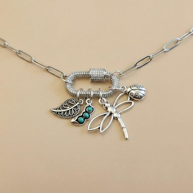Large Dragonfly, Garden Friends Carabiner Necklace, Silver - Adjusts up to 20 inches - - LadybugfeetDesigns -