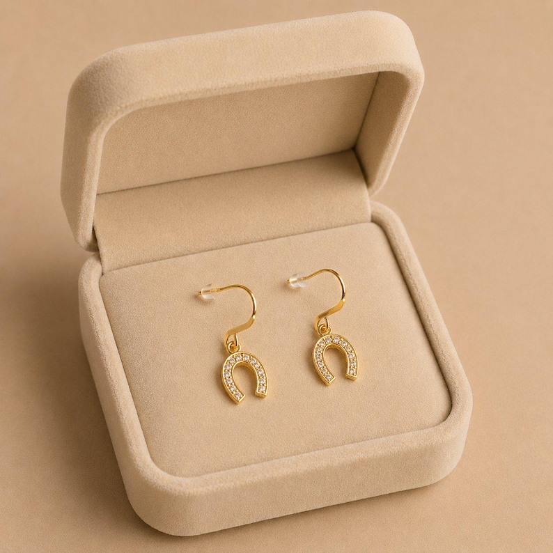 CZ Horseshoe dangle earrings, Gold - - LadybugfeetDesigns -