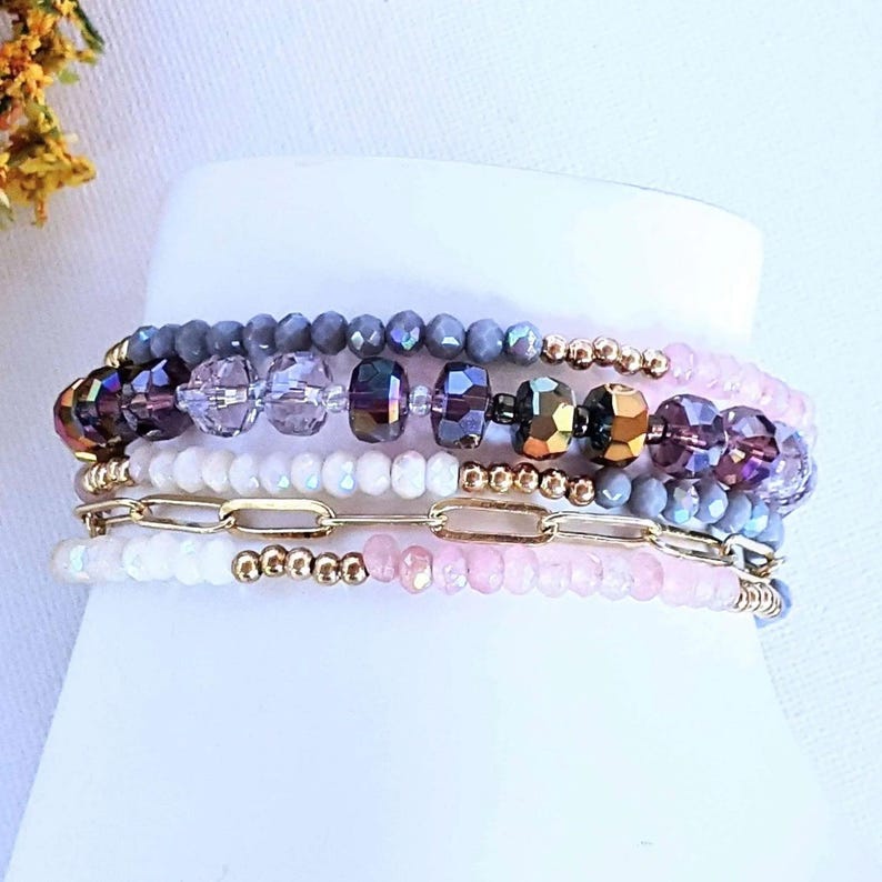Pink Champagne Crystal Beaded Endless wrap bracelet - - LadybugfeetDesigns -