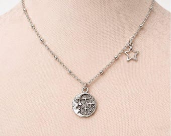 Crescent Moon Face/CZ Star Reversible Necklace, Silver - 16 - 18 inches
