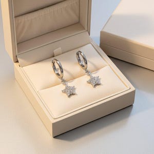 Sparkly CZ Star Hoop earrings, Silver - 10mm - - LadybugfeetDesigns -