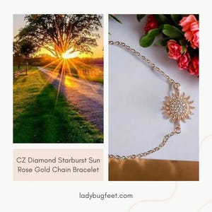 CZ Diamond Starburst Sun Rose Gold Chain Bracelet - - LadybugfeetDesigns -