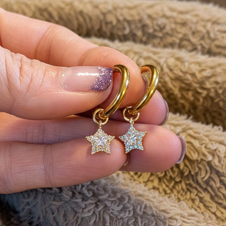 Dazzling CZ Star Hoop earrings, Gold - 12mm - - LadybugfeetDesigns -