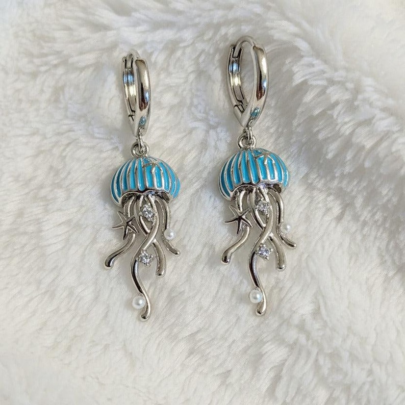 Jellyfish Huggie Hoop earrings, Silver - 15mm - - LadybugfeetDesigns -