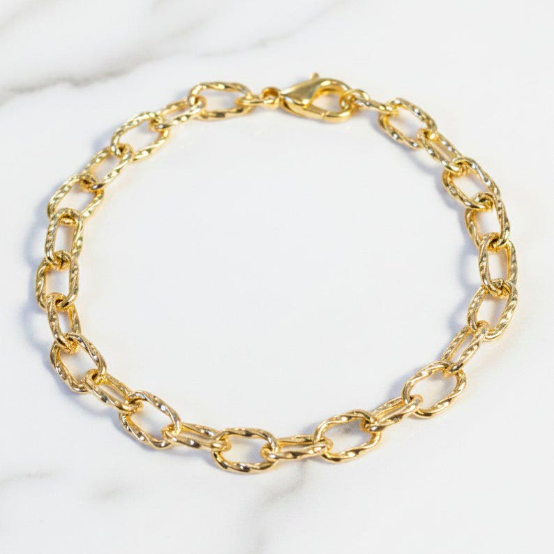 14K Gold Filled Textured Oval cable chain Bracelet Base - D.i.y. - Build Your Charm Bracelet! - - LadybugfeetDesigns -