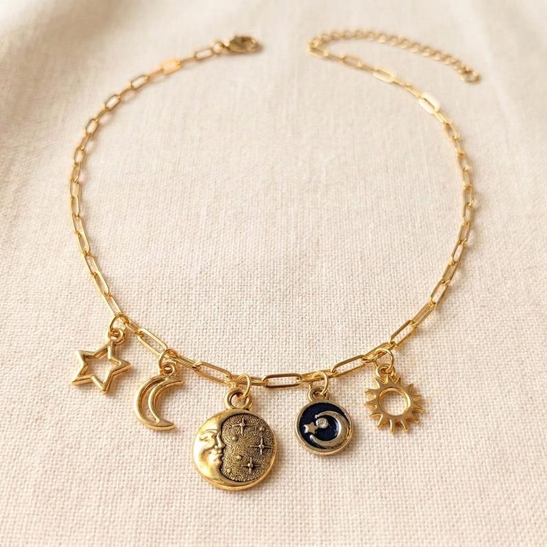 Celestial II Multi Charm Link Necklace, Gold- 20 inch - - LadybugfeetDesigns -