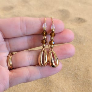 Cowrie Shell Crystal charm necklace and Earring set, Gold - - LadybugfeetDesigns -