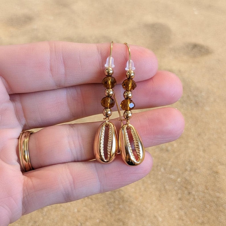 Cowrie Shell Crystal charm necklace and Earring set, Gold - - LadybugfeetDesigns -