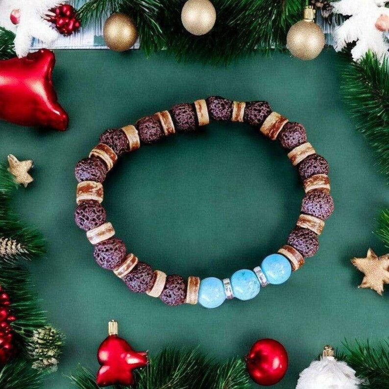 Turquoise Gemstone Lava Bead Stretch bracelet-December Birthstone - - LadybugfeetDesigns -