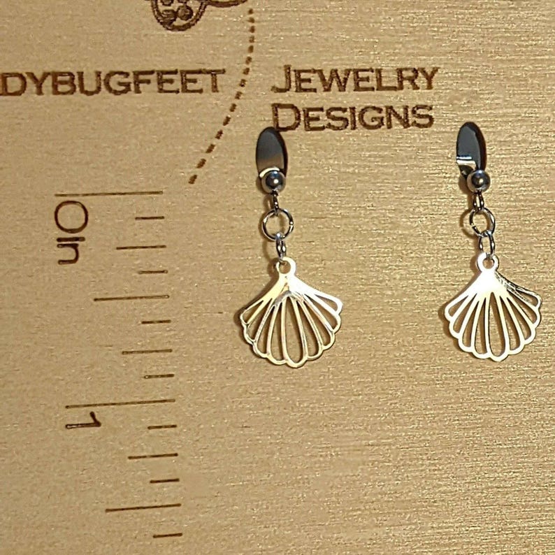 Sea Scallop Charm Drop Stud Earrings-Silver - - LadybugfeetDesigns -
